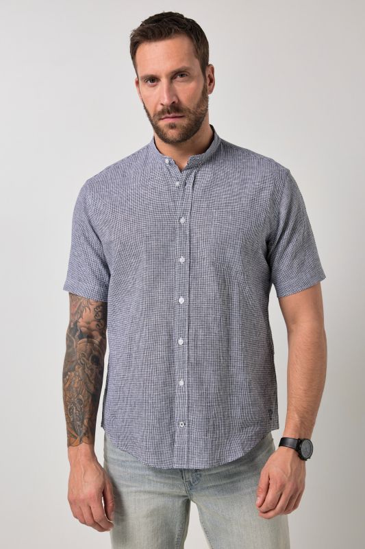 Chemise JP 1880 en in mélangé, imprimé à carreaux, manches courtes et col Kent, coupe Modern Fit - jusqu'au 8 XL