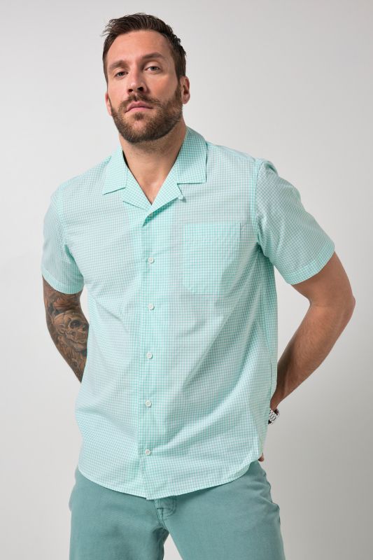 Chemise à carreaux JP 1880, coupe Cuba-Fit, manches courtes et col cubain - jusqu'au 8 XL