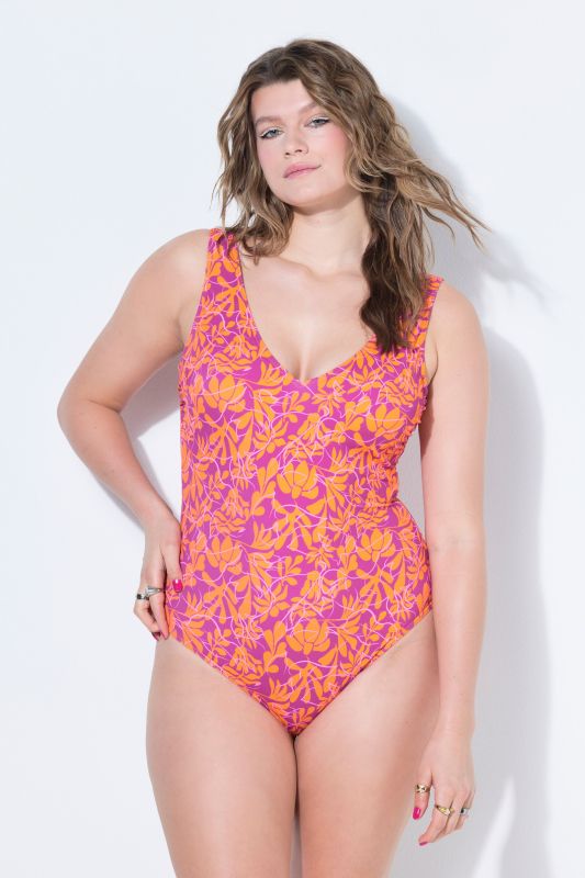 Maillot de bain, fleurs néon, bonnets souples, dos en V