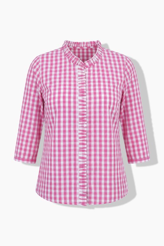 Chemisier à carreaux, col montant et ruchés, manches 3/4
