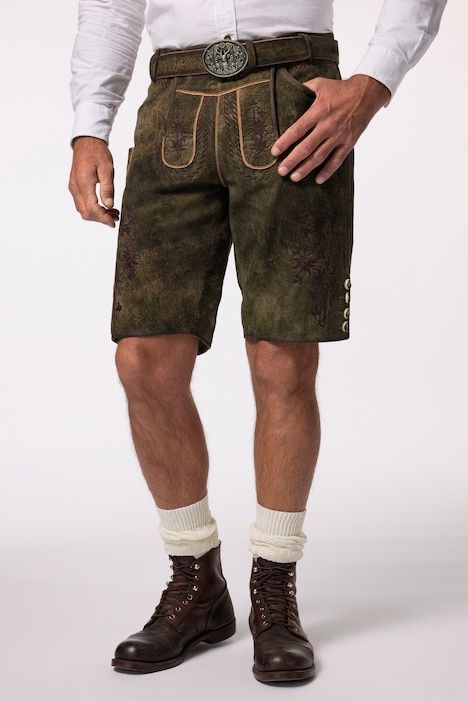 Pantalon en cuir de chèvre, s'inspirant des tenues traditionnelles bavaroises, avec broderies typiques - ceinture en cuir offerte