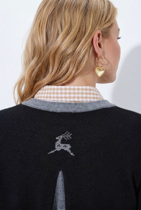 Cardigan à col montant et boutons traditionnels, broderie cerf