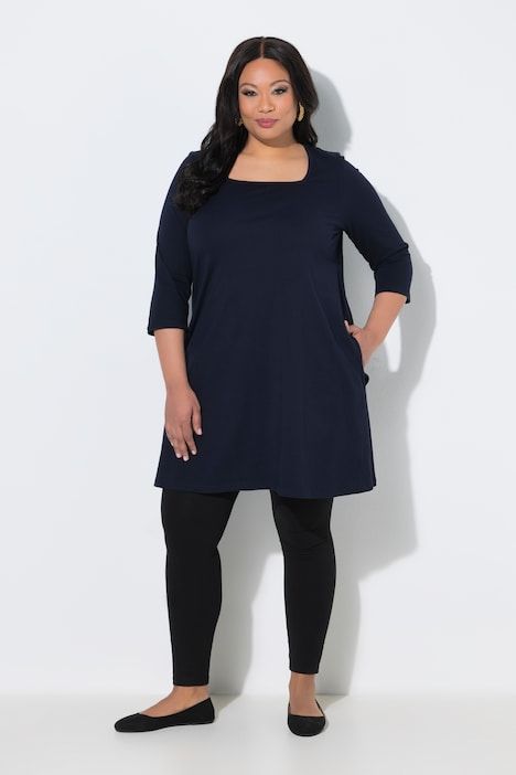 T-shirt long, coupé évasée, décolleté carré et manches 3/4