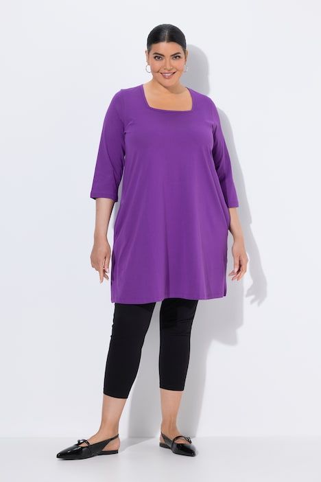 T-shirt long, coupé évasée, décolleté carré et manches 3/4