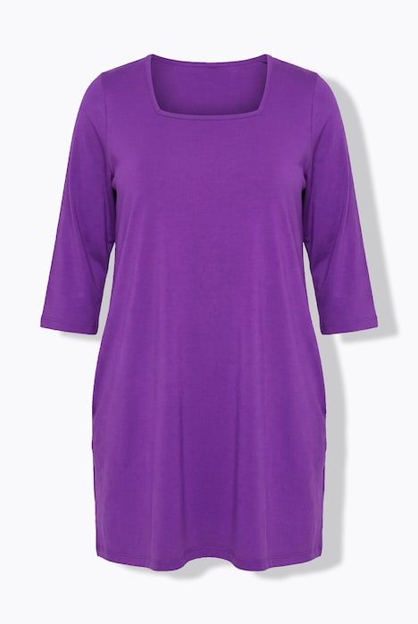 T-shirt long, coupé évasée, décolleté carré et manches 3/4