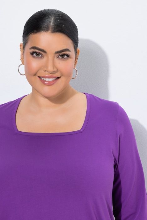 T-shirt long, coupé évasée, décolleté carré et manches 3/4