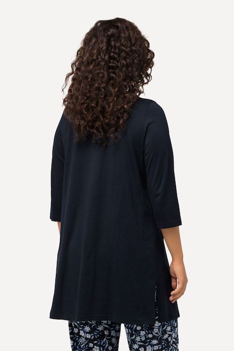 T-shirt long, coupe évasée, décolleté en V et manches 3/4