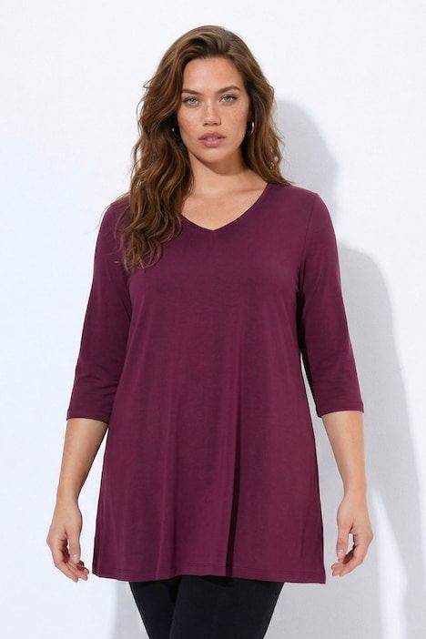 T-shirt long, coupe évasée, décolleté en V et manches 3/4