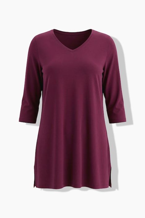 T-shirt long, coupe évasée, décolleté en V et manches 3/4