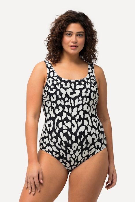 Maillot de bain sans bonnets souples. Décolleté rond et motif léopard