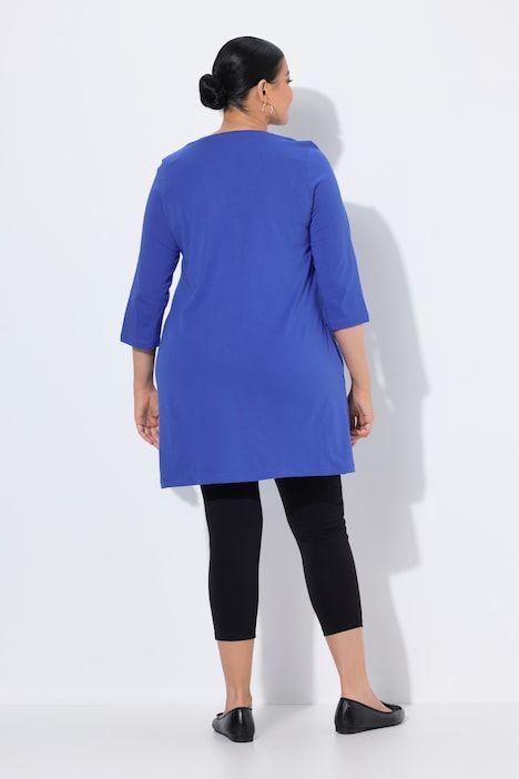 T-shirt long, décolleté en V et manches 3/4, coutures fantaisie, coupe évasée