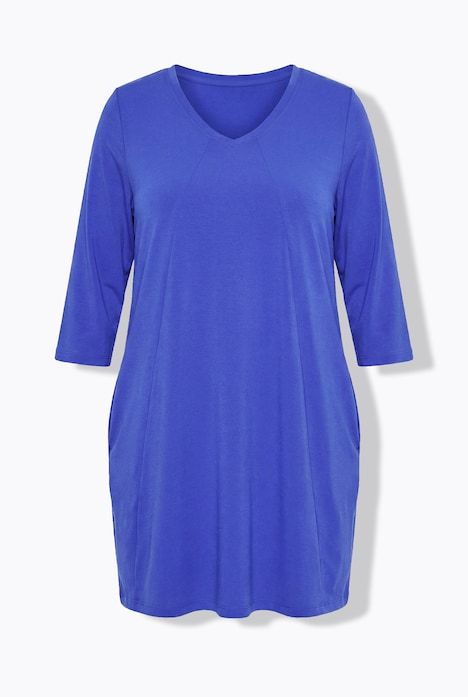 T-shirt long, décolleté en V et manches 3/4, coutures fantaisie, coupe évasée