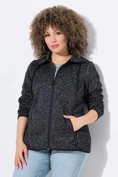 Veste en maille polaire, motif chiné, col montant et poches zippées