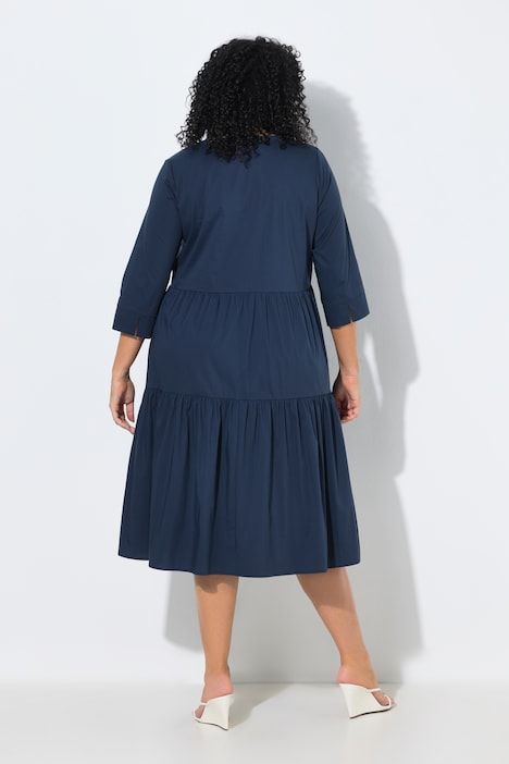 Robe midi à volants, col tunisien et manches 3/4, coupe évasée