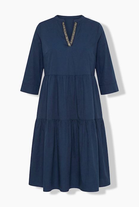 Robe midi à volants, col tunisien et manches 3/4, coupe évasée