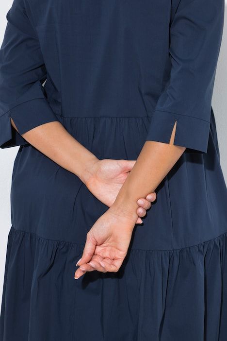 Robe midi à volants, col tunisien et manches 3/4, coupe évasée