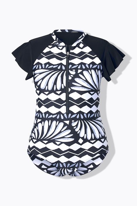 Maillot de bain à bonnets souples. Manches volantées et fermeture zippée. Matière recyclée