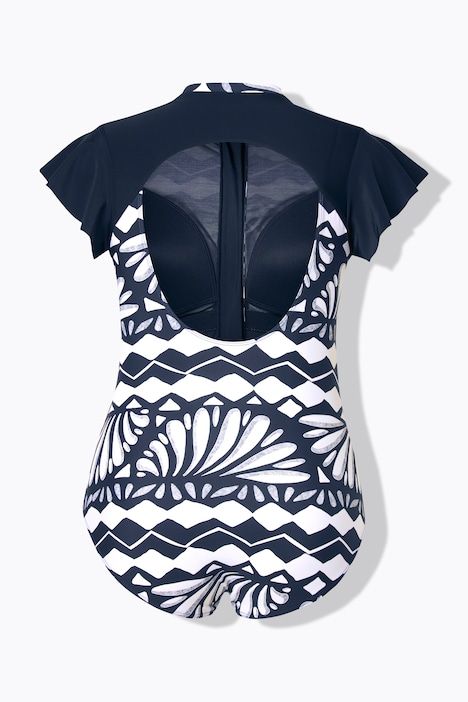 Maillot de bain à bonnets souples. Manches volantées et fermeture zippée. Matière recyclée