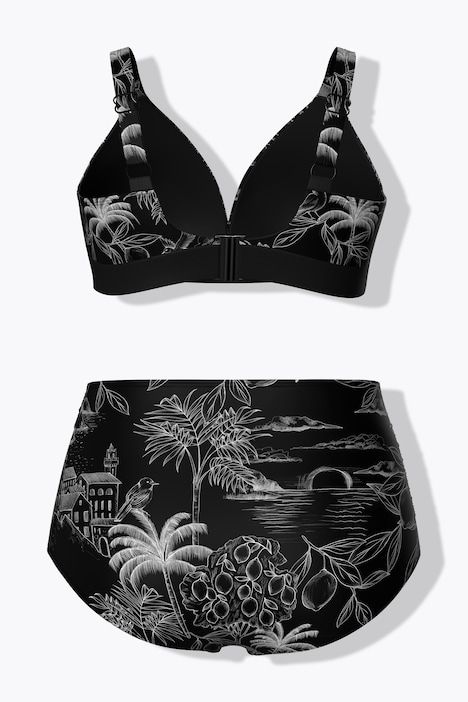 Bikini, motif palmiers, sans bonnets souples, bretelles réglables, matière recyclée