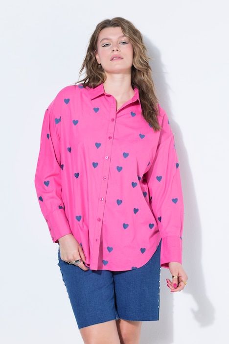 Chemisier oversize, petits cœurs brodés, manches longues et col chemise