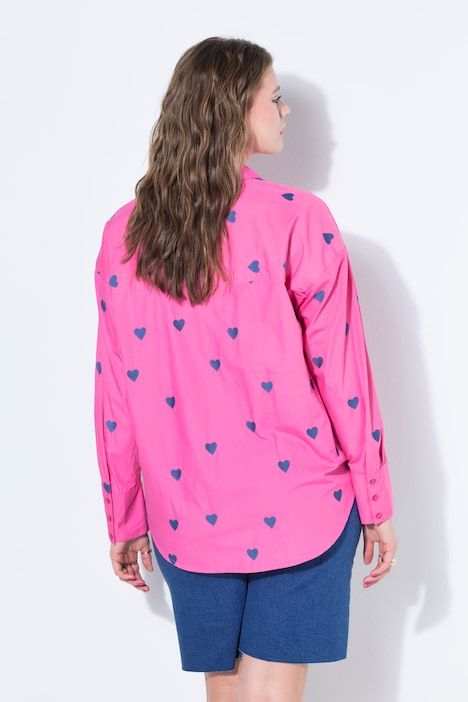 Chemisier oversize, petits cœurs brodés, manches longues et col chemise
