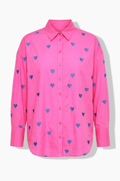 Chemisier oversize, petits cœurs brodés, manches longues et col chemise