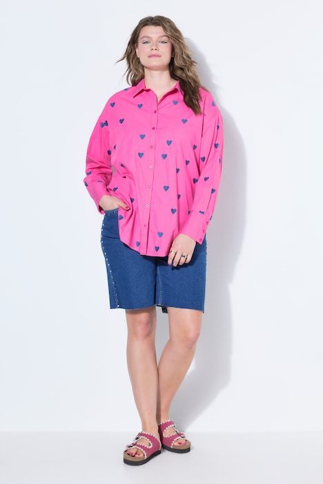 Chemisier oversize, petits cœurs brodés, manches longues et col chemise