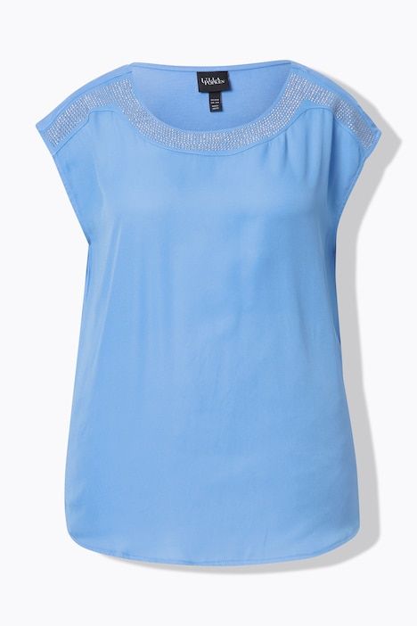 T-shirt sans manches. Mélange de matières et strass. Col rond