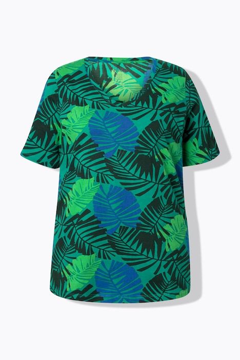T-shirt, imprimé fleurs et feuilles. Décolleté V et manches courtes. Coupe évasée
