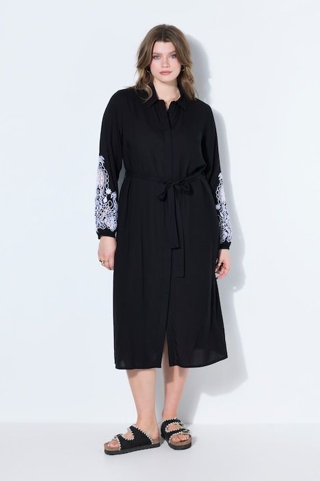 Robe-chemisier midi, manches bouffantes brodées, coupe évasée