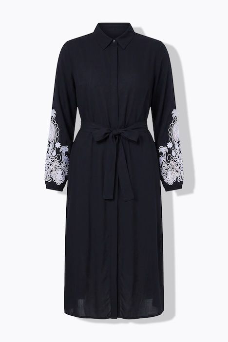 Robe-chemisier midi, manches bouffantes brodées, coupe évasée