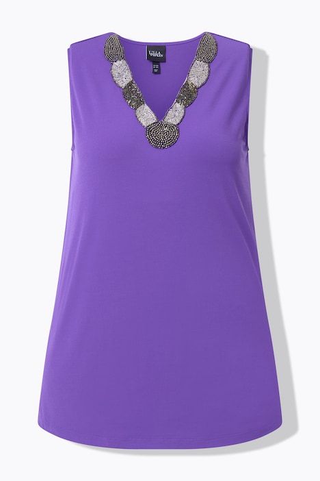Débardeur à broderies perles. Décolleté V. Coupe évasée