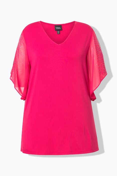 T-shirt à strass. Décolleté en V et manches 3/4 en mousseline. Coupe évasée