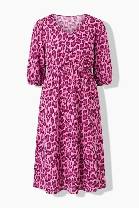 Robe midi, imprimé léopard coloré, manches bouffantes et coupe évasée