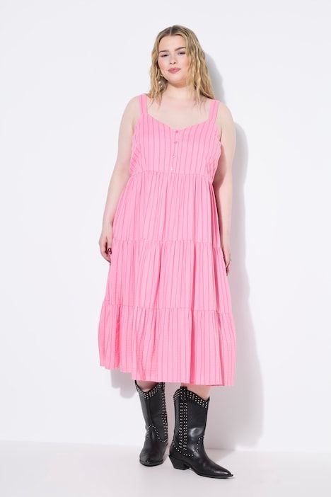 Robe midi à volants, lin mélangé à rayures, coupe évasée