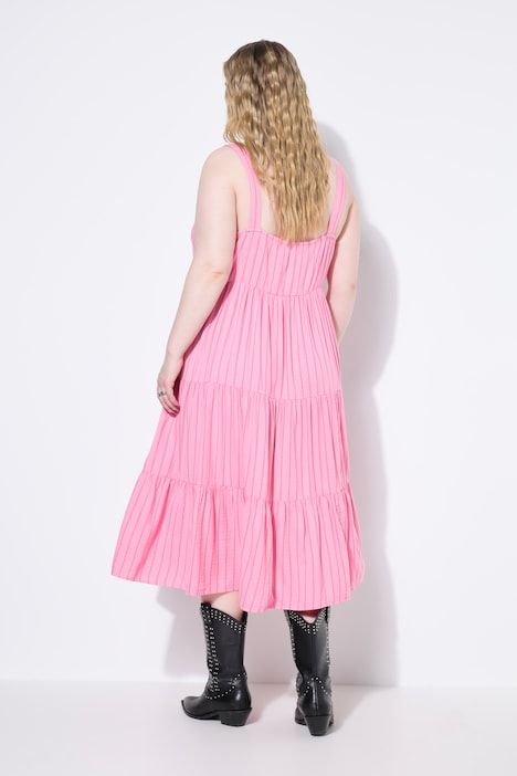 Robe midi à volants, lin mélangé à rayures, coupe évasée