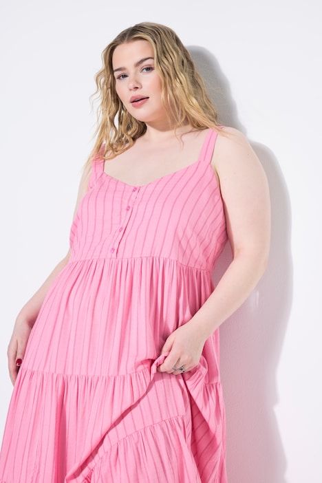 Robe midi à volants, lin mélangé à rayures, coupe évasée