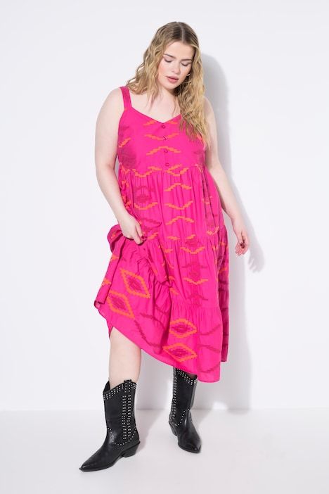 Robe midi à volants, broderies et coupe évasée