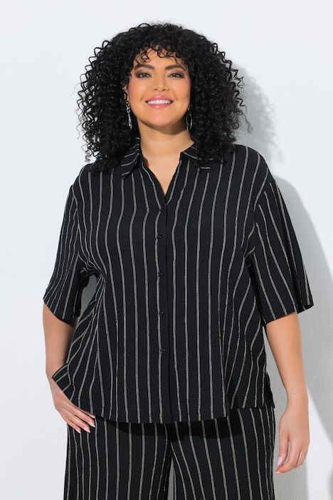 Chemisier rayé en jersey, col chemise et manches courtes