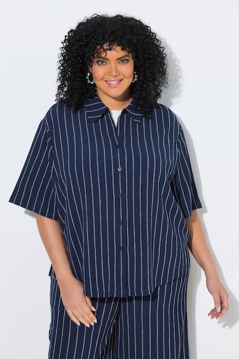 Chemisier rayé en jersey, col chemise et manches courtes