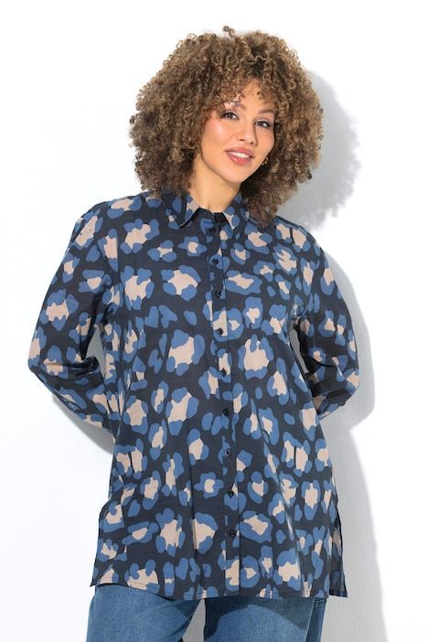 Chemisier motif léopard, coupe évasée, manches longues et col chemise