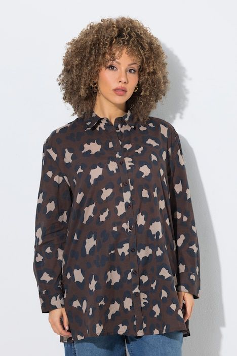 Chemisier motif léopard, coupe évasée, manches longues et col chemise