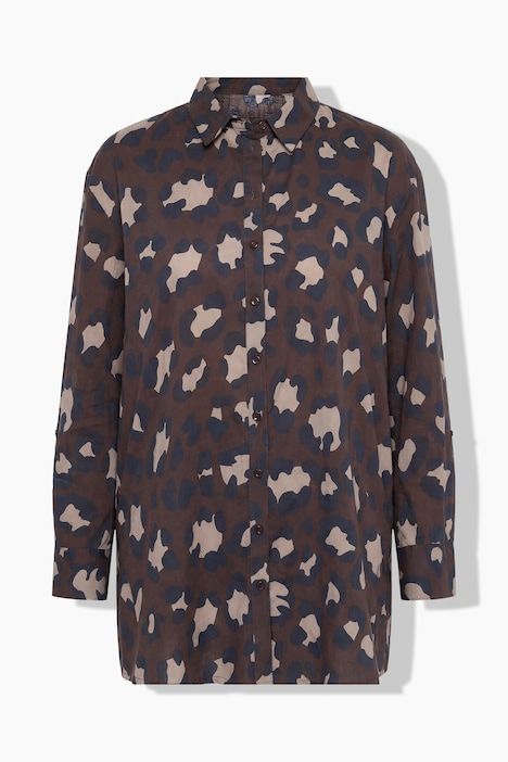 Chemisier motif léopard, coupe évasée, manches longues et col chemise