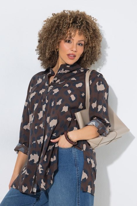 Chemisier motif léopard, coupe évasée, manches longues et col chemise