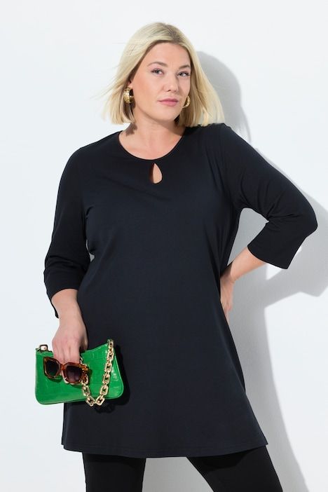 T-shirt long coupe évasée, décolleté rond et manches 3/4