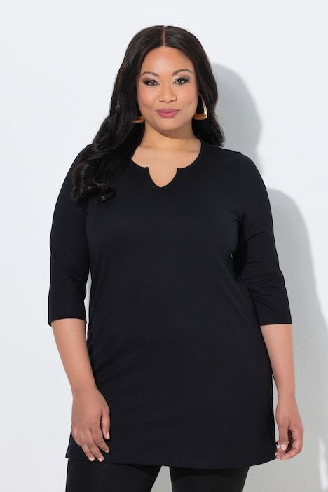 T-shirt long, coupe évasée, col tunisien et manches 3/4