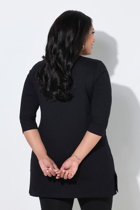 T-shirt long, coupe évasée, col tunisien et manches 3/4