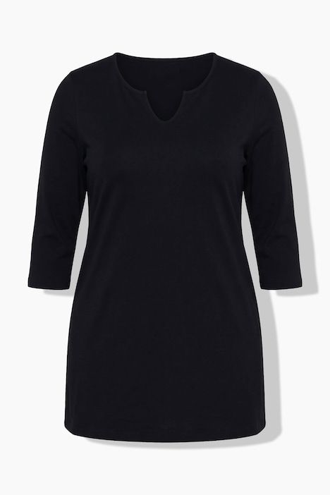 T-shirt long, coupe évasée, col tunisien et manches 3/4