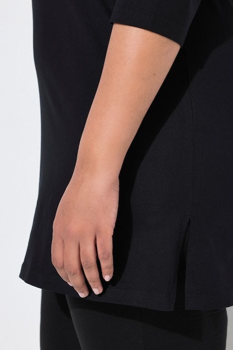 T-shirt long, coupe évasée, col tunisien et manches 3/4