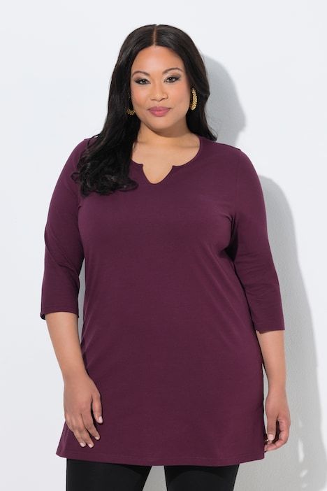 T-shirt long, coupe évasée, col tunisien et manches 3/4